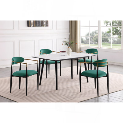 Modern Contemporary 5Pc Dining Set White Sintered Stone Table And Green Chairs Fabric Upholstered Stylish Furniture