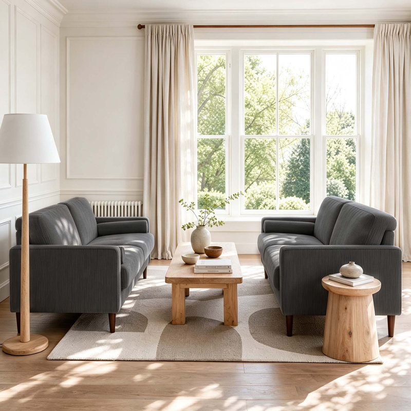 Canapé à accoudoirs carrés 62,7 po Carmelinda, Velours côtelé gris foncé