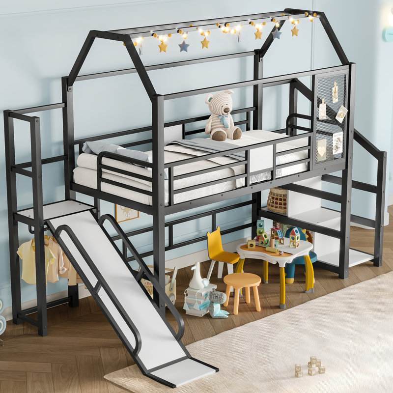 Lit mezzanine simple avec glissade et escalier, structure en métal durable, conception de maisonnette pour chambre d'enfant