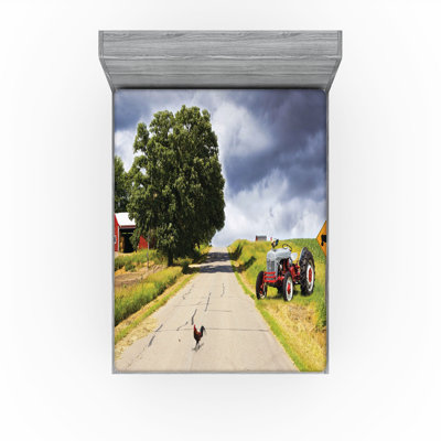 Ambesonne Rural Fitted Sheet 2-Pack Barn and Tractor on Side Multicolor