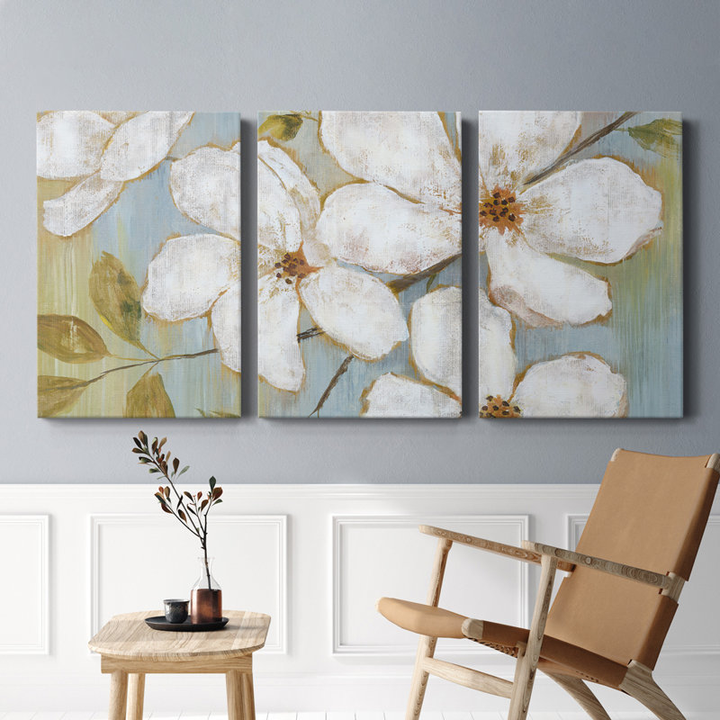 Fleurs blanches - Toile tendue avec châssis de qualité supérieure - Prêt à être accroché, H 36 po x l 72 po x P 1 po