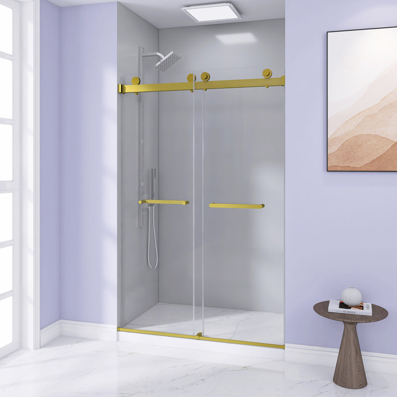 44-48 "W X 74" H Frameless Double Sliding Shower Door, 5/16 "(8Mm) Tempered Glass, Explosion Proof Film, Stainless Steel Handle, Square Tube Track,Brushed Gold
