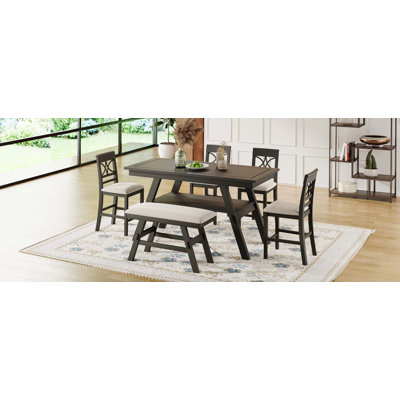 6-Piece Wood Counter Height Dining Table Set With Storage Shelf, Kitchen Table Set With Bench And 4 Chairs,Rustic Style,Espresso+Beige Cushion -  Red Barrel StudioÂ®, F76AE3441FA04CFCAC695DBF0FE8DC95