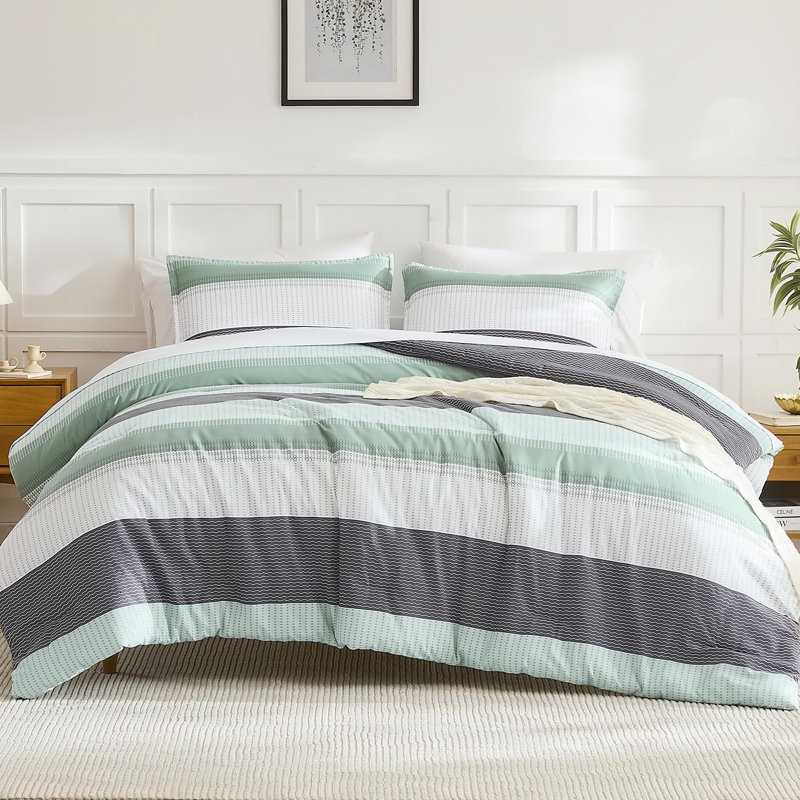 Ensemble d'édredon Andency, ensemble de literie léger à rayures colorblock, lit en duvet synthétique, vert clair, grand