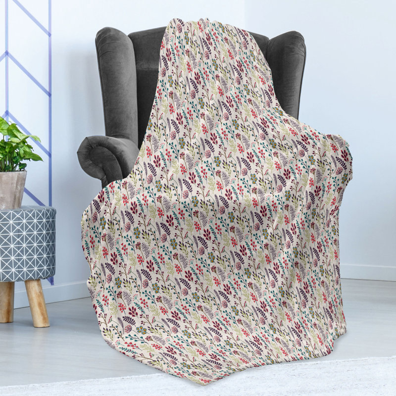 Ambesonne Botanical Fleece Throw Blanket Creative Leafy Branches Eggshell and Multicolor, 50" W x 70" L