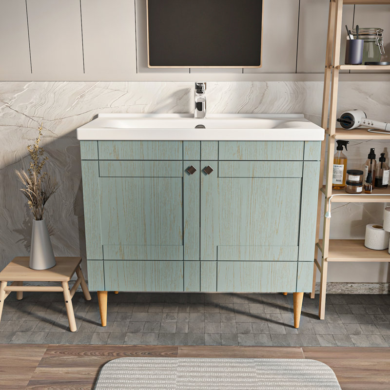 Meuble-lavabo avec lavabo en céramique Sara, Vert mer, 39"