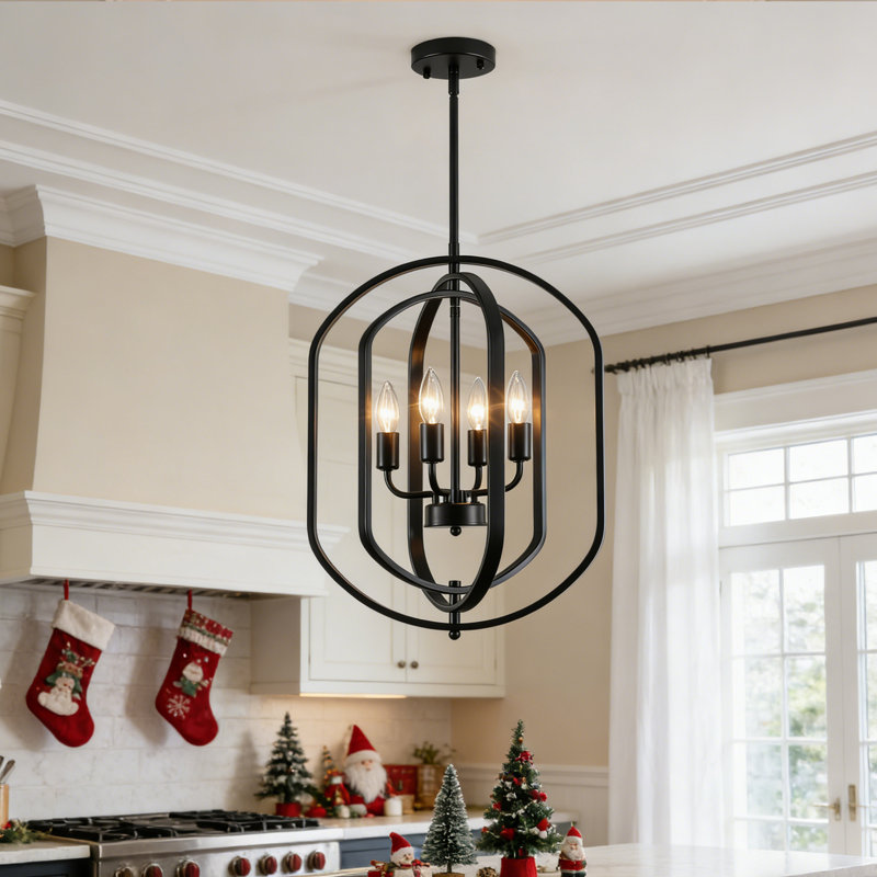 4-Light 16 in. Black Modern Geometric Chandelier Adjustable Lantern Pendant Light Fixture for Dining Room, Matte Black