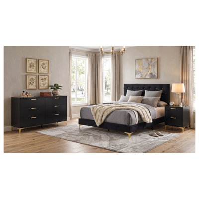 Ensemble de chambre à coucher Harlow noir Queen 3 pièces avec lit en velours capitonné, commode et table de chevet