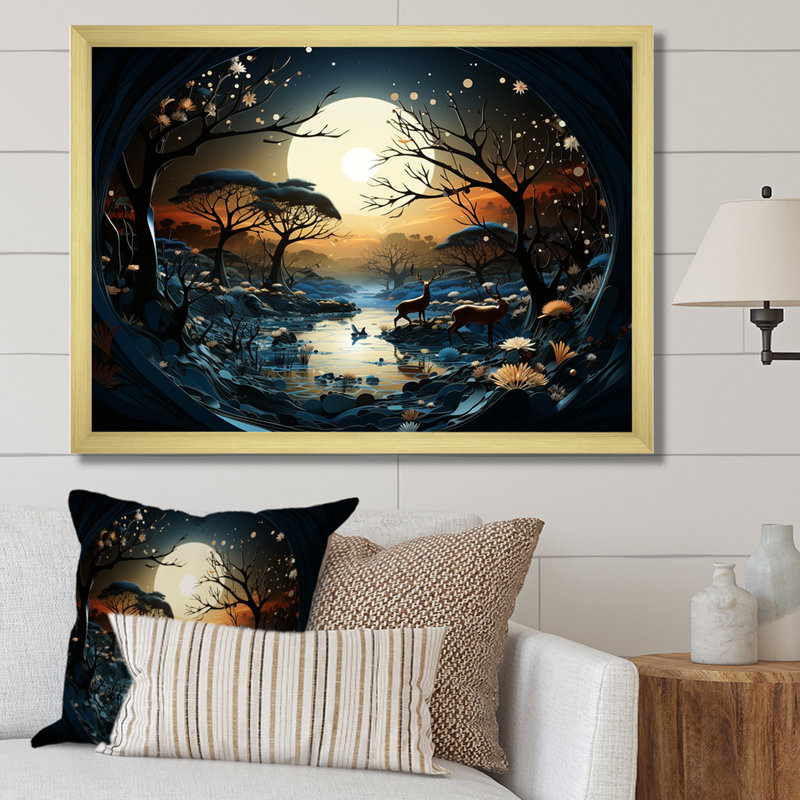 «Dreamy Moonlit Jungle I», art mural abstrait, H 12 po x l 20 po x P 1 po, Cadre doré à coins fermés