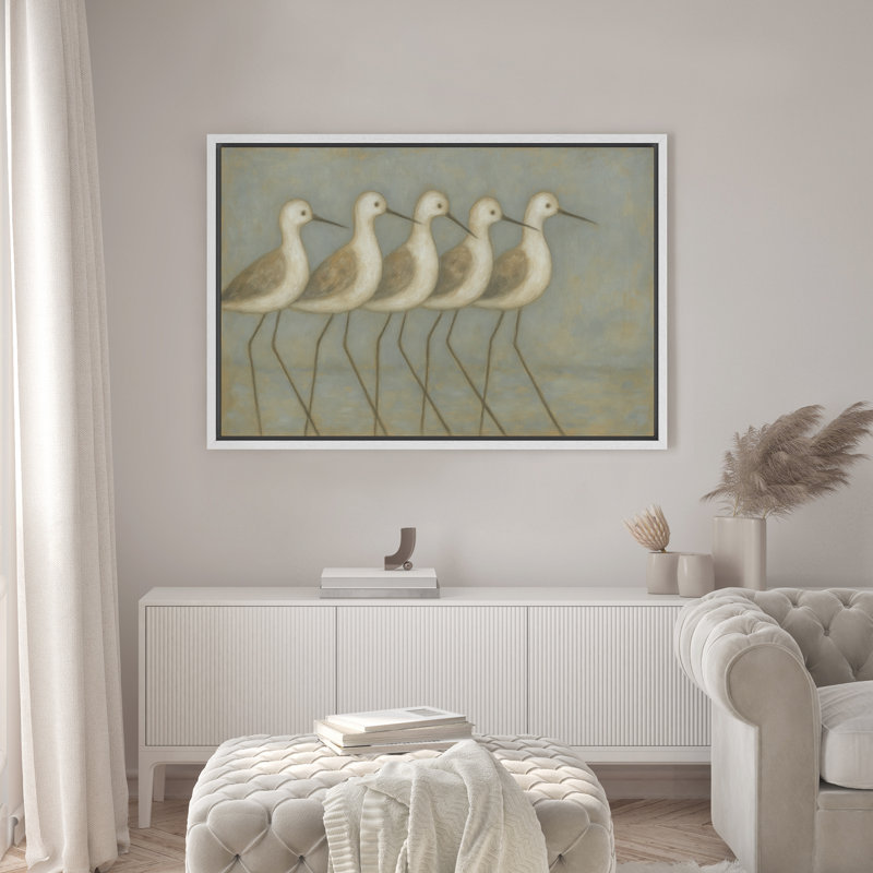 Shorebirds Coastal Wall Art - Minimalist Illustration of Wading Birds, Framed Beach-Themed Decor in Soft Tones for Seaside Spaces