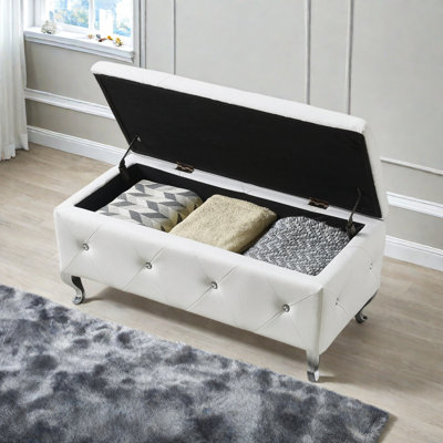 Upholstered Storage Ottoman Bench For Bedroom End Of Bed Faux Leather Rectangular Storage Benches Footrest With Crystal Buttons For Living Room Entryway