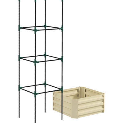 24"X24"X11.99" Galvanized Raised Garden Bed, Outdoor Planter With Trellis Tomato Cage, For Veggies, Flowers, Creamy Patio Backyard Area Spot Bed Cream 24"X24"X11.99", Climbing Vines In Space