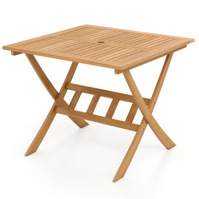 36" Acacia Wood Folding Patio Table, Outdoor Square Bistro Table with Umbrella Hole, Slatted Top & Sturdy Wooden X-Shaped Frame
