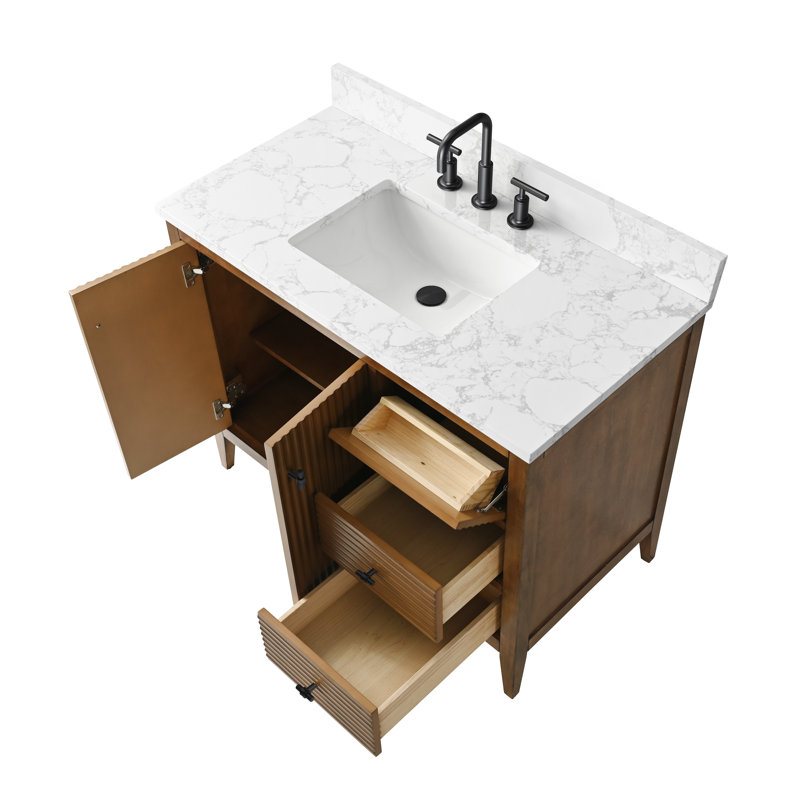 Ensemble de meuble-lavabo autoportant à simple cuve 42 po avec plateau en marbre Lavallon, Noyer linéaire, Noir mat