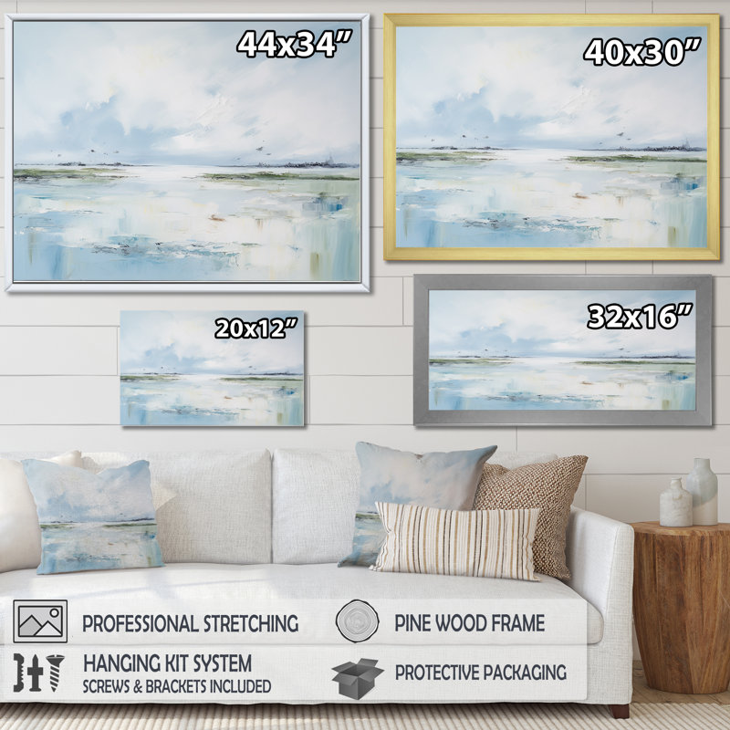 Doux couleur plage horizon - plage et océan art mural salon, Cadre flottant doré, H 16 po x l 32 po x P 1 po