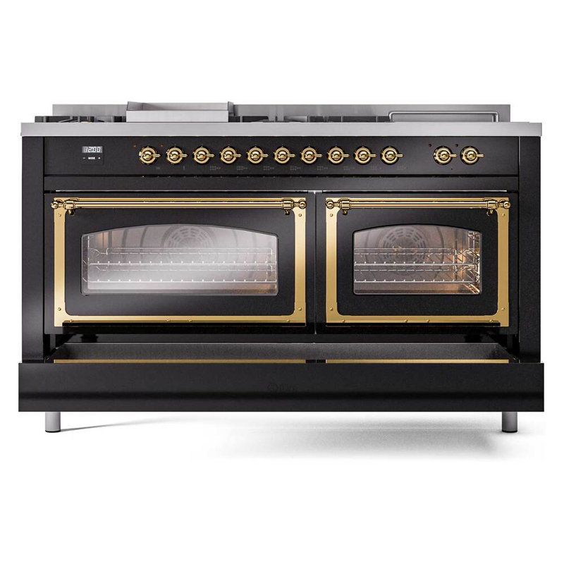ILVE Nostalgie II Noblesse 60 po à 2 brûleurs, plaque chauffante, plaque de cuisson française, Noir brillant / laiton