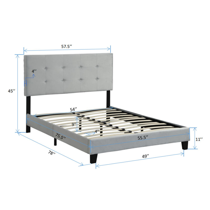 Full Size Gray Velvet Upholstered Platform Bed Frame with Pull-Point Tufted Headboard