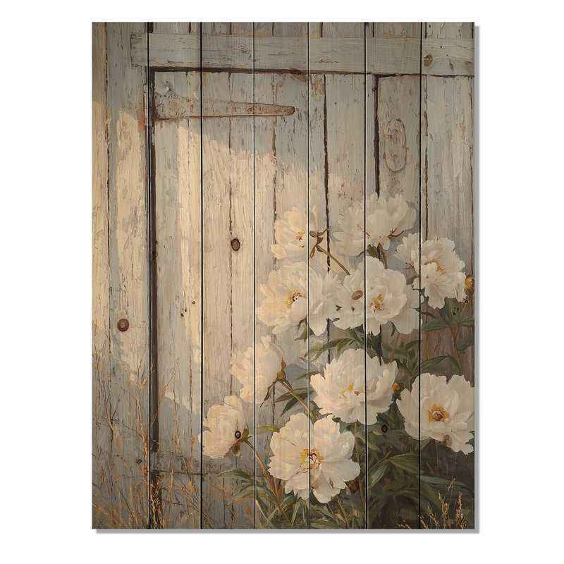 Pivoines par la porte de grange I - Décoration murale en bois de pivoines - sur bois de pin naturel