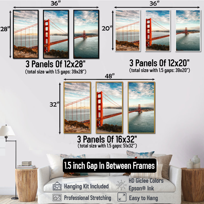 «Golden Gate Bridge In San Francisco», ensemble de 3 toiles encadrées, H 28 po x l 36 po x P 1 po, Encadré naturel