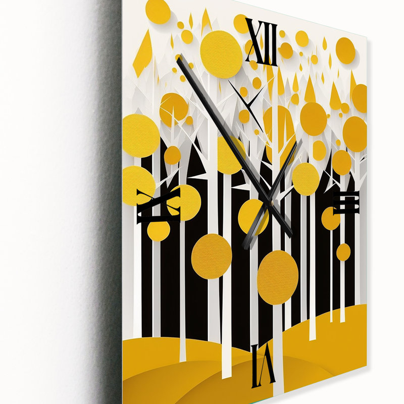Horloge murale abstraite à motif de forêt jaune minimaliste II, Très grand