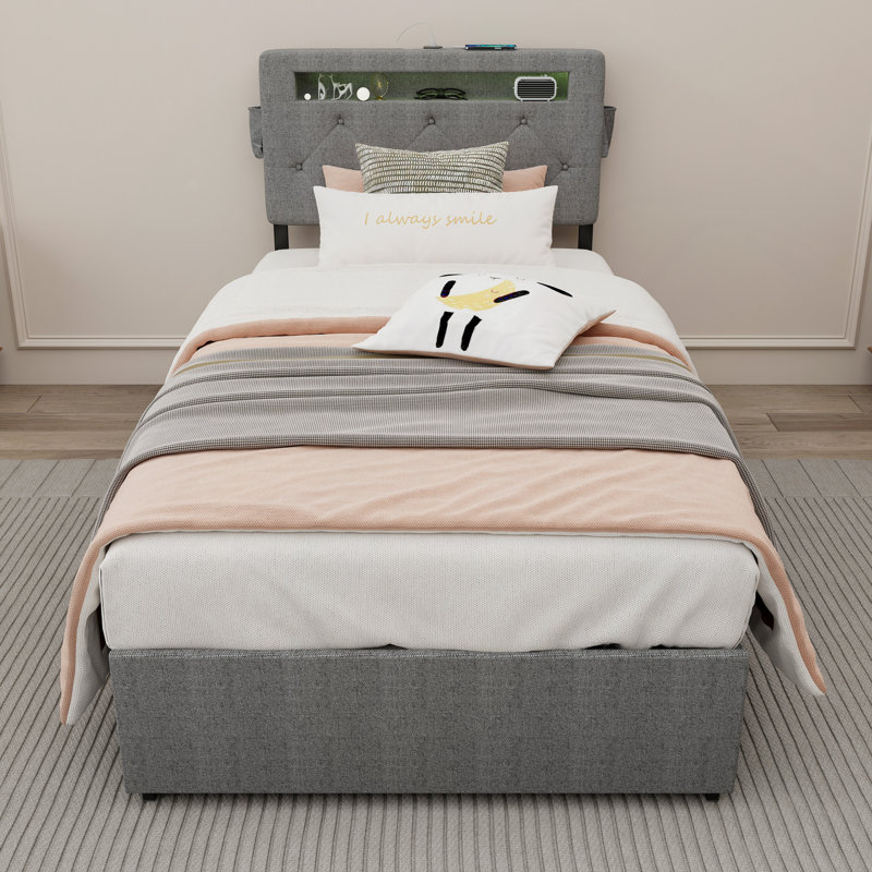 Cadre de lit avec station de charge USB et lumières DEL, cadre de lit simple avec tête de lit et 4 tiroirs de rangement