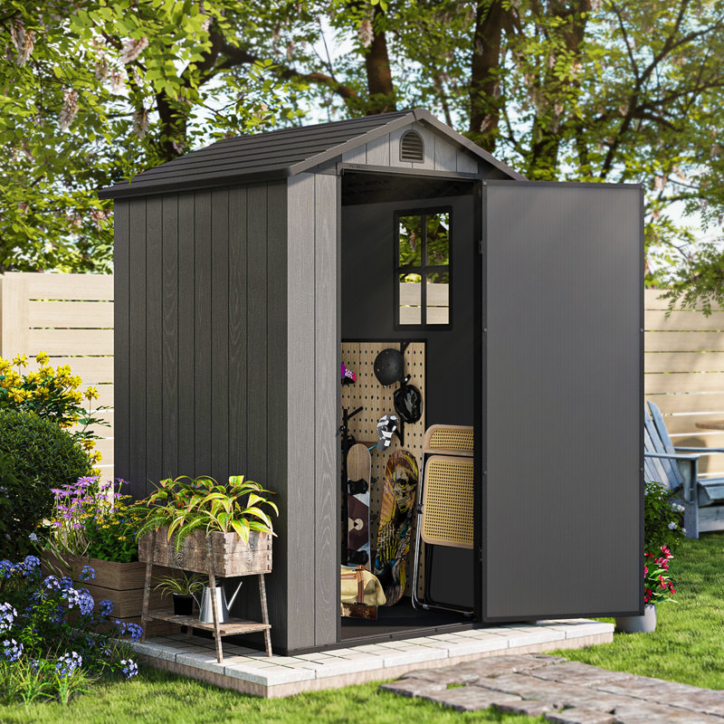 Plastic Storage Shed with Floor, Resin Shed with Window and Lockable Door, Dark Gray, 4 Ft. W x 4 Ft. D