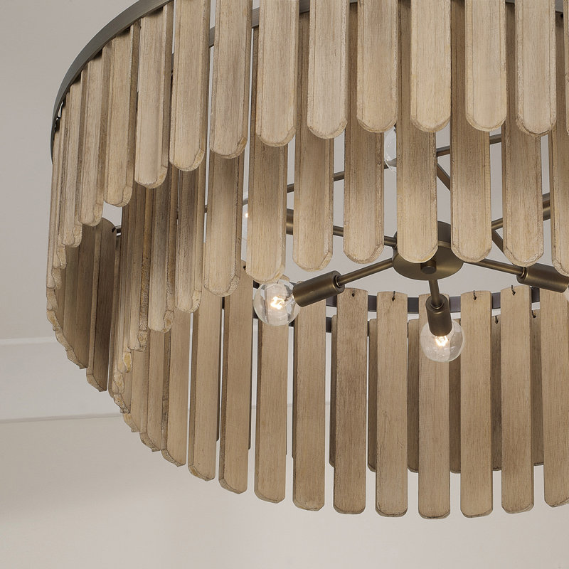 Luminaire suspendu 6 lumières en laiton foncé l 30 po x H 11 po avec bois de manguier fabriqué à la main et teinte gris nordique