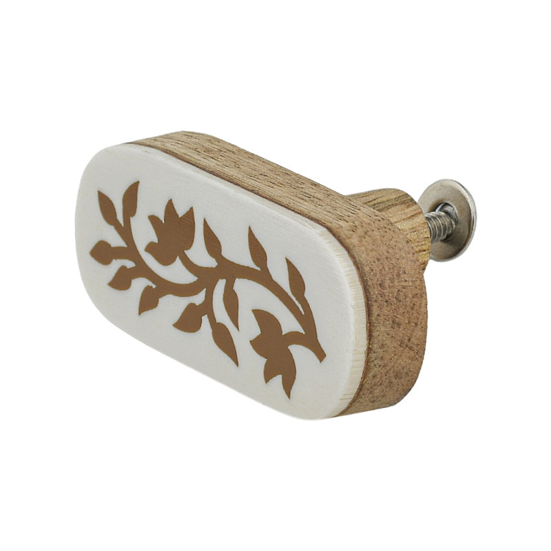 Brown Floral Resin Inlay Cabinet Knob on Wood - Set of 6