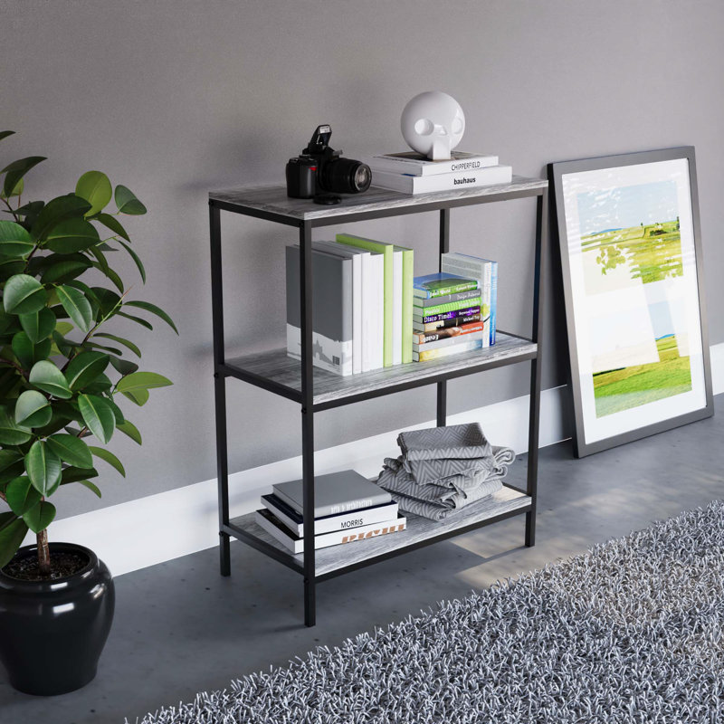 Sylvie 3 Tier Industrial Style Bookcase Living Room Shelving Unit With Metal Frame, Grey