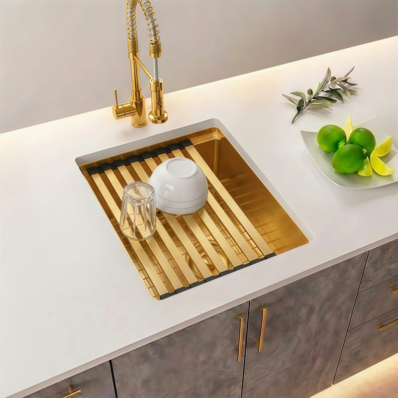 16''L X 18''W Workstation Undermount 16 Gauge Stainless Steel Bar Sink With Accessories, Gold