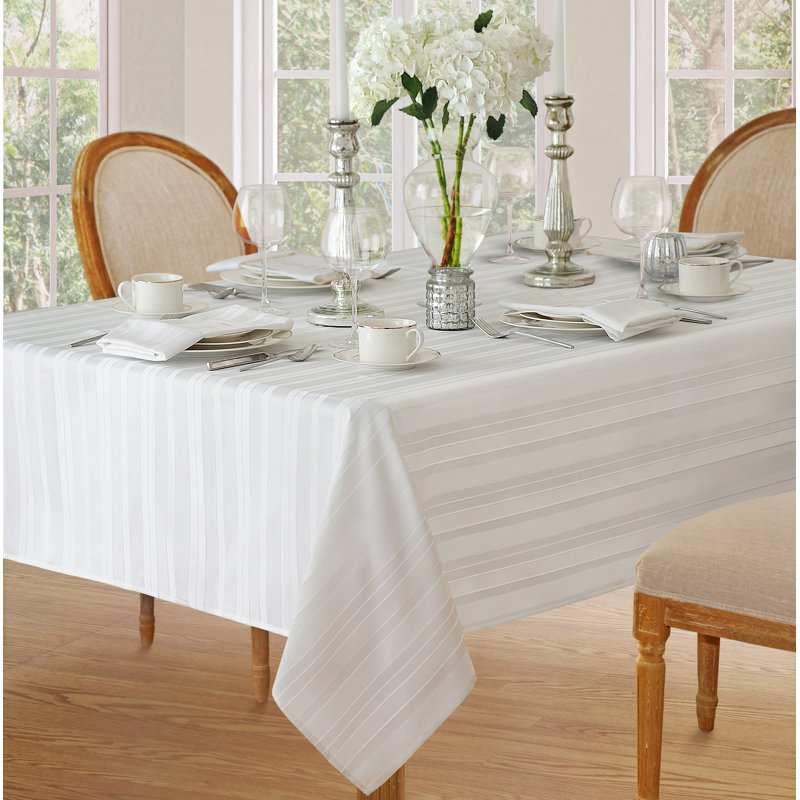 Robyn Striped Jacquard Polyester Square/Rectangle Tablecloth, 120" L x 60" W, White, Rectangular