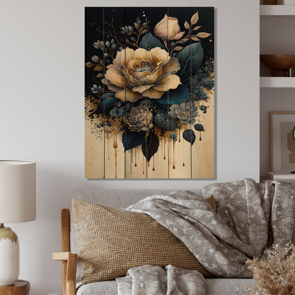 House of Hampton® Navy Blue And Gold Rose I On Wood Print | Wayfair