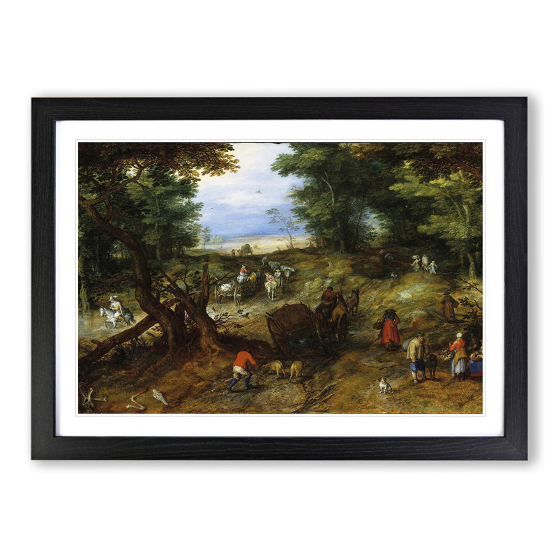 A Woodland Road with Travellers by Pieter Bruegel the Elder - Picture Frame Painting, Black Framed, 27cm H x 36cm W x 2cm D