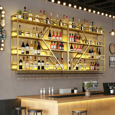 95In Wall Mounted Wine Rack, Large Metal Wine Bottle Holder 4 Tier, Modern Fashion Diamond Shaped Floating Bar Unit Wine Storage Shelves, For Home Restaurant Bars Decor