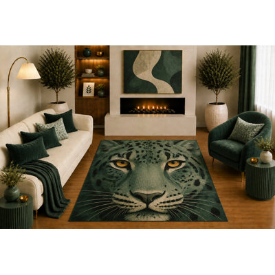 Tapis ultra-léger 152 x 213 cm (5' x 7') à motif léopard des neiges, style moderne, vert forêt et beige, idéal pour le salon, la chambre, le bureau ou un chalet. Dos en silicone antidérapant. Poils courts.