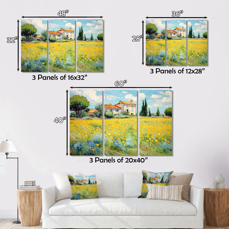 Vangogh the Yellow House in Arles I - 3 pièces sur toile tendue, H 28 po x l 36 po x P 1 po