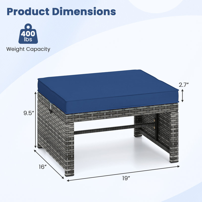 Repose-pieds 2 pièces en rotin PE avec coussins à fermeture à glissière pour terrasse bleu marine, Marine