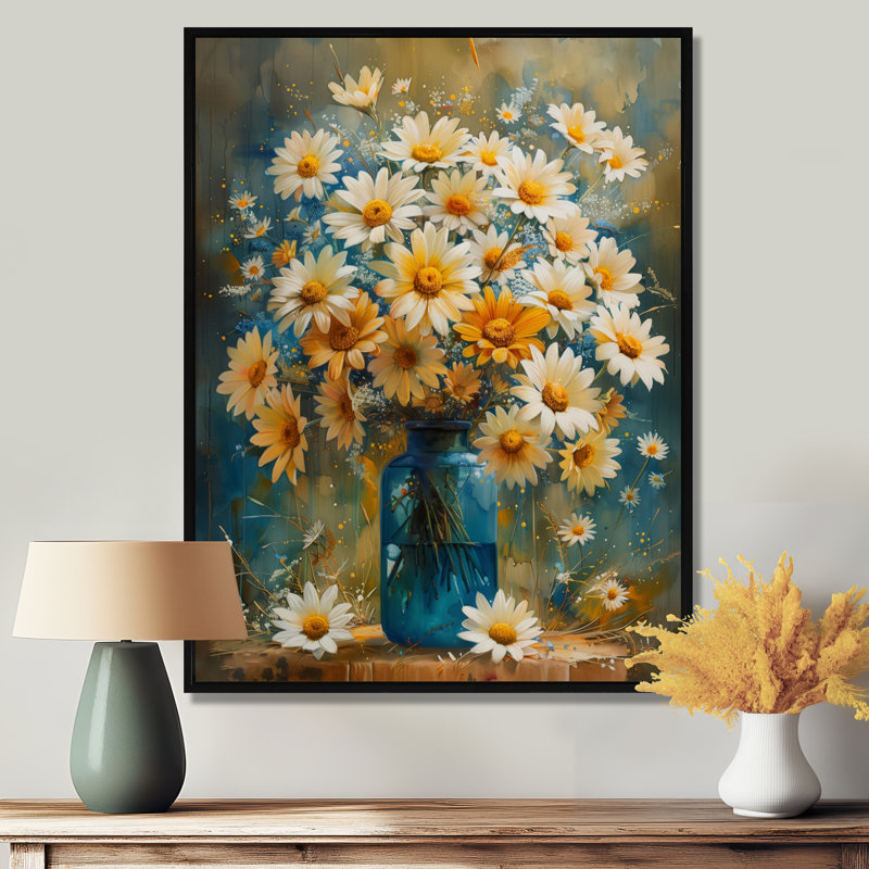 Bleu et blanc, nature morte, fleurs dans un vase II - marguerites, art mural, Cadre flottant noir, H 32 po x l 16 po x P 1 po