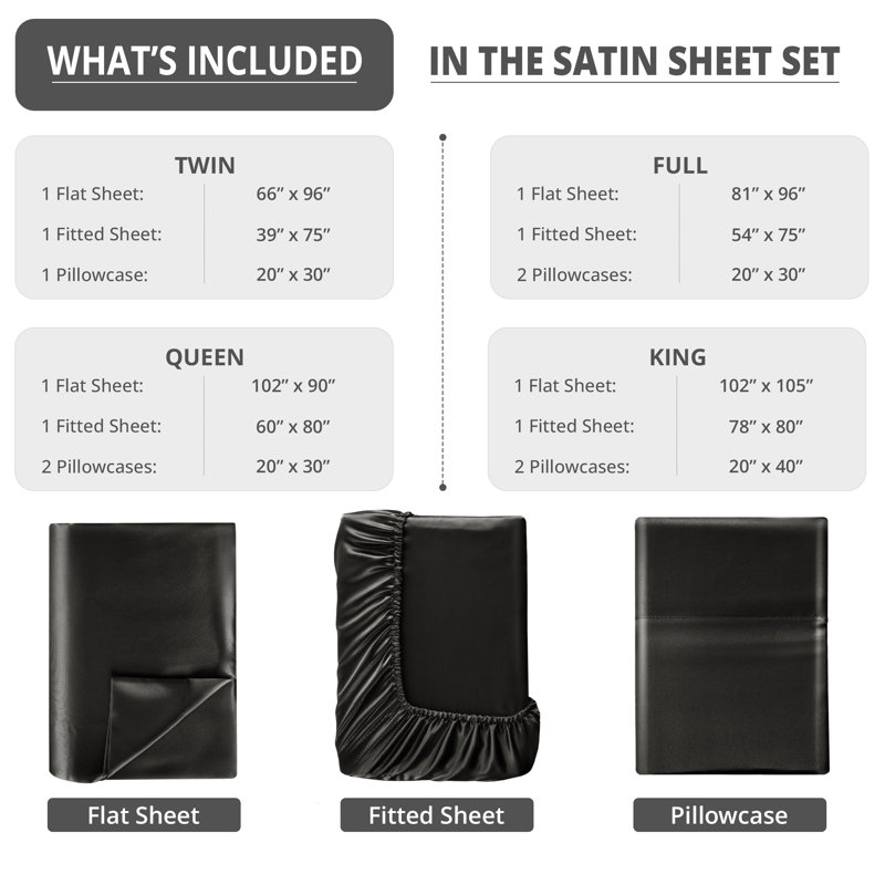 Drap-housse luxueux 4 pièces Lux Satin, Ensemble de draps pour très grand lit avec 2 taie, Noir