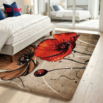 Grand tapis floral à motif de coquelicots, tapis à motif de fleurs artistiques, intérieur lavable antidérapant pour le salon, la chambre à coucher, la décoration intérieure, le bureau, le patio et les accessoires, entrepôt local