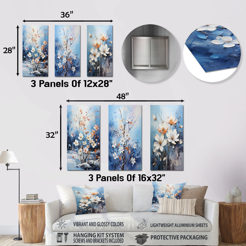 Bouquet de fleurs de neige harmonie - ensemble de 3 impressions de fleurs en métal, H 32 po x l 48 po