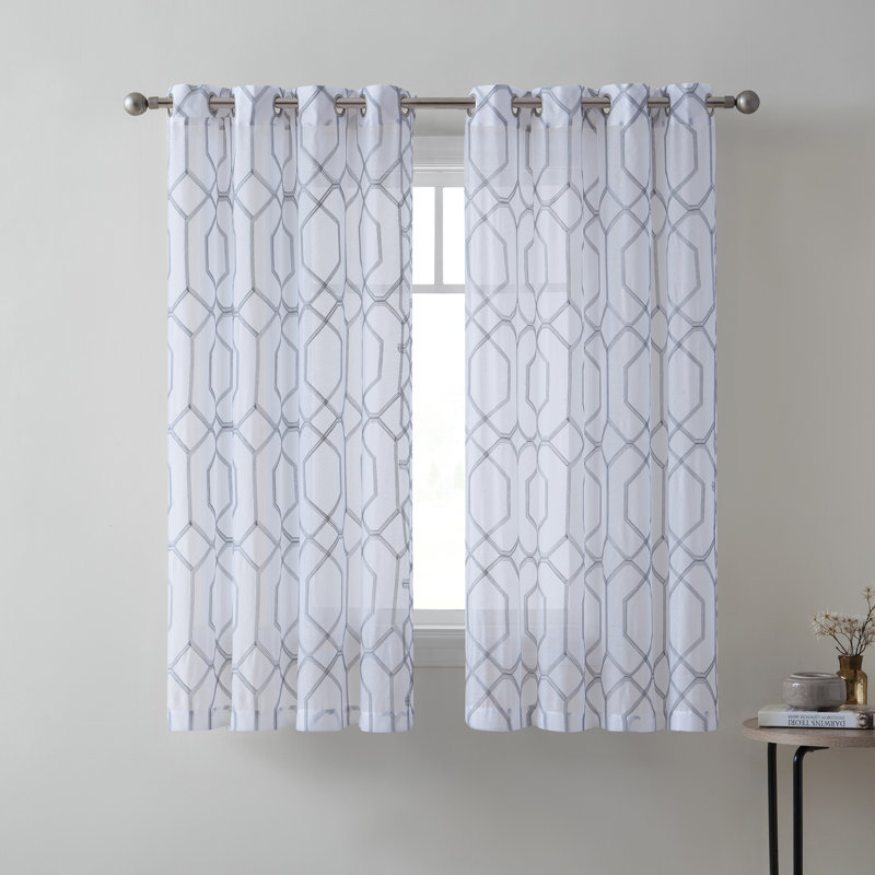 Aryanna Semi Sheer Single Curtain Panel, White/Gray, 54" W x 63" L