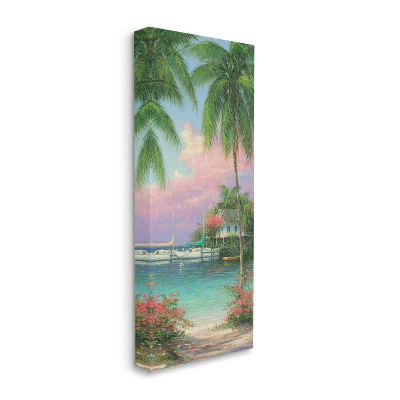 "Tropical Beach Palms Docked Bateaux", art mural par Martin Figlinski, H 48 po x l 20 po x P 1,5 po