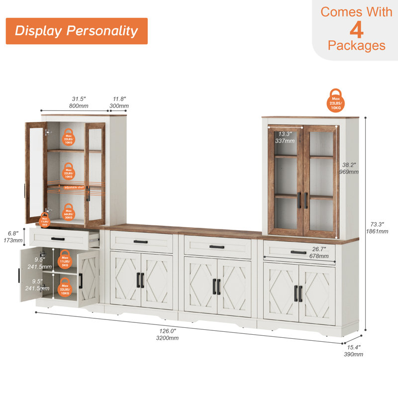 Laziza Mid-Century Modern Farmhouse TV Stand For Tvs Up To 70" â€“ Features Tall Bookshelves, Barn Doors & 5-Tier Storage For Living Room Or Bedroom