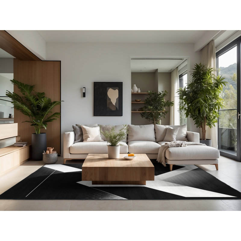 Soft Plush Ealey Modern & Contemporary Checkered Area Rug in Black – Black Binding, 3' Round