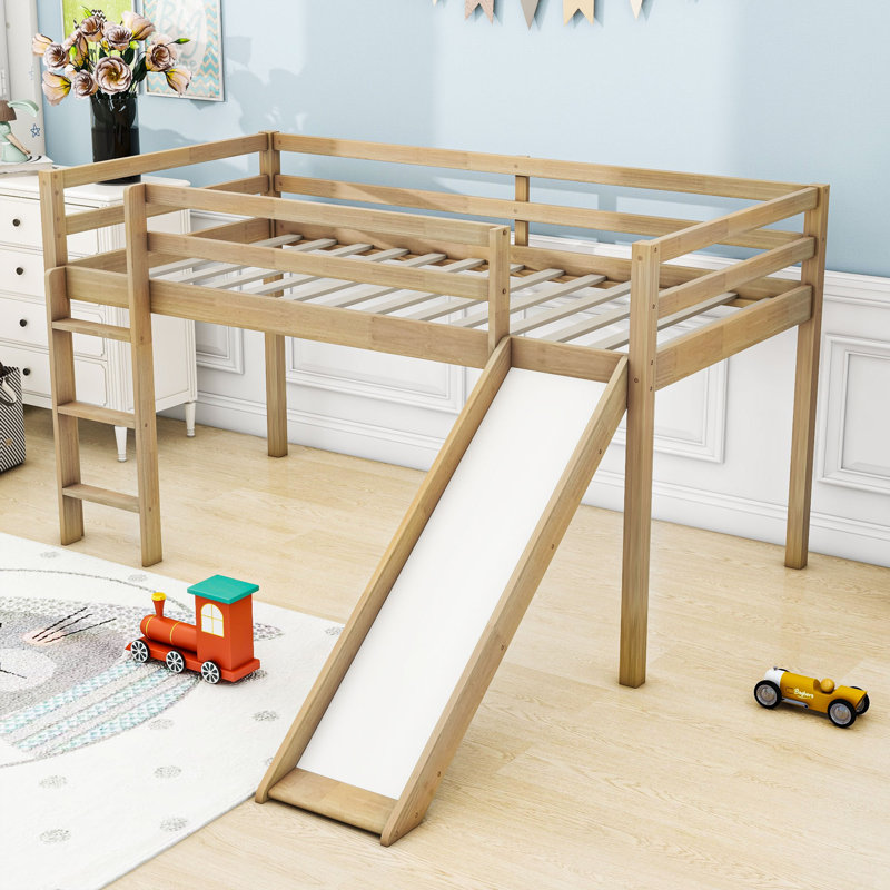 Twin Wood Low Loft Bed With Built-In Ladder And Slide, Natural