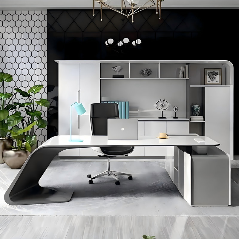 Bureau de direction blanc moderne 62,99 "avec douille, serrure à clé et armoire latérale