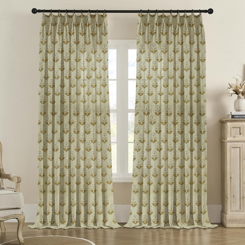Fabdivine Patio, Farmhouse Home Décor Pinch Plated Curtains Summer, Spring with White and Green Window or Kitchen 2 Panel Set Hook Drapes, Handmade Floral Block Print, Blackout 27x29 Inches, Rishi