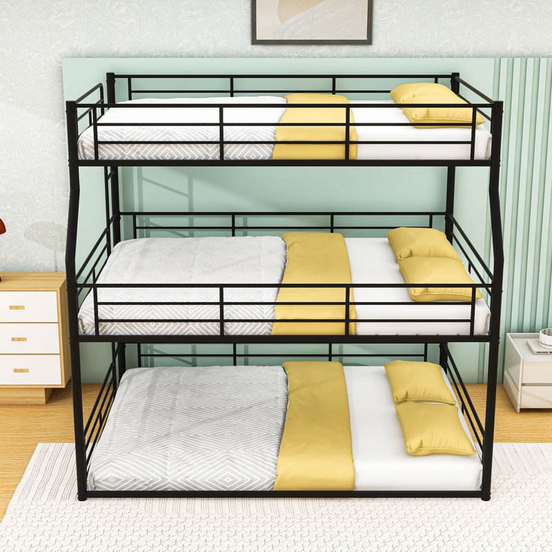 Triple Metal Bunk Bed with Safety Guardrails, Noise-Minimized Structure, Full XL Over Queen Over Queen, Black