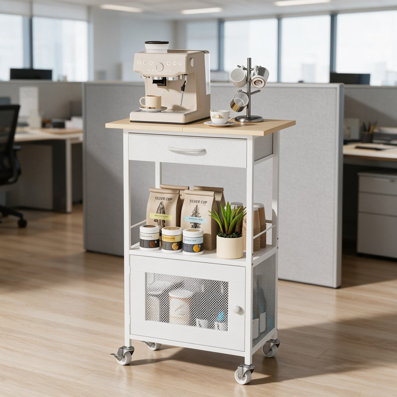 Buffet de bar avec tiroir de rangement et armoire de porte, support de cuisine à roulettes pour support à micro-ondes, petite station de café pour l'entrée du salon